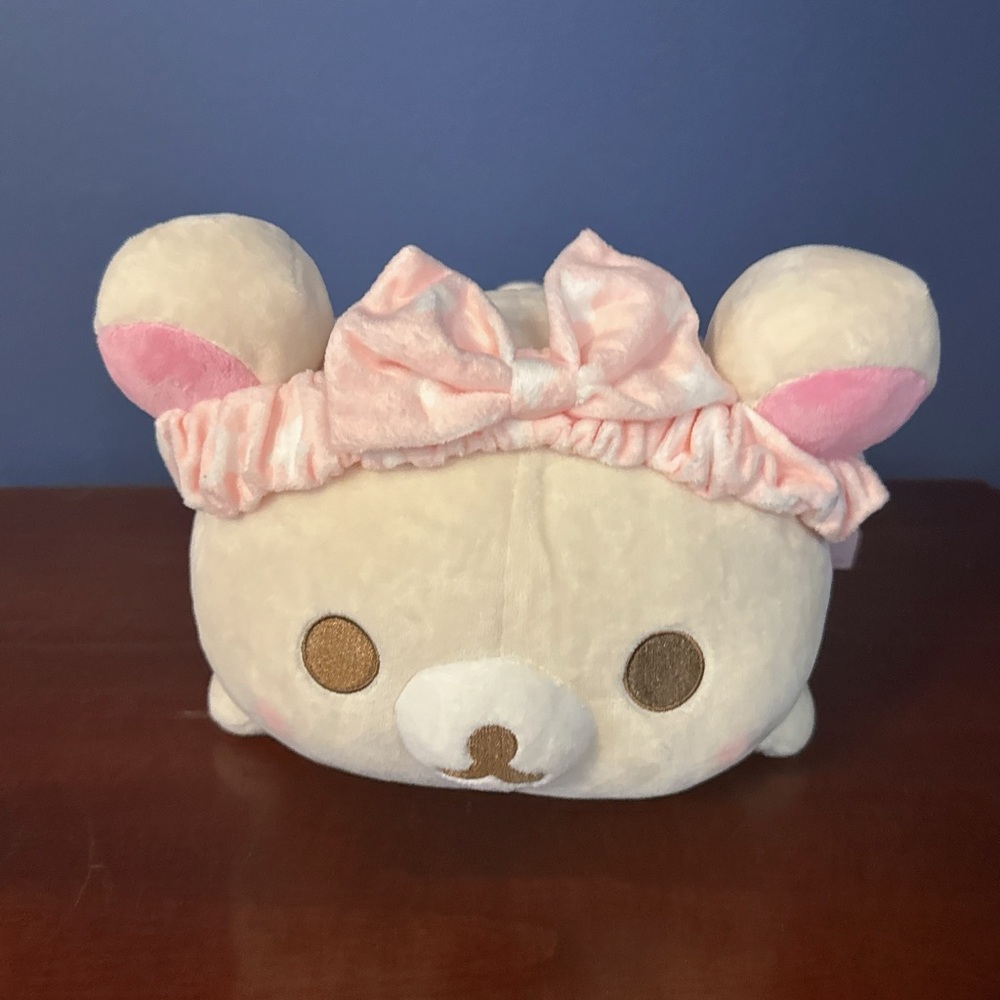 Cream Plush Bear Head Pillow with Pink Bow Headband - Soft Kids Toy